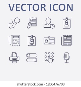 Outline 12 press icon set. switch button, user mediaplayer, microphone, printer, newspaper and newspapers with hand vector illustration