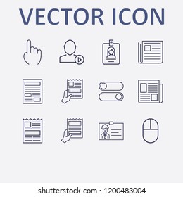 Outline 12 press icon set. one finger, newspaper, click, newspapers with hand, switch button and id card vector illustration
