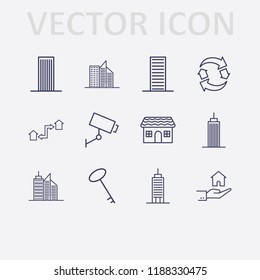 Outline 12 property icon set. building, house, key, hand with house, exchange home and security camera vector illustration