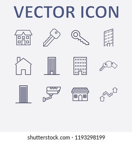 Outline 12 property icon set. security camera, building, house, key and exchange home vector illustration