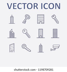 Outline 12 property icon set. key, security camera and building vector illustration