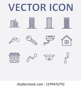 Outline 12 property icon set. building, house, security camera, key and exchange home vector illustration