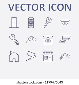 Outline 12 property icon set. security camera, house, key and building vector illustration