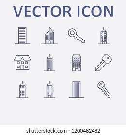 Outline 12 property icon set. key, house and building vector illustration