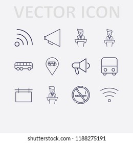 Outline 12 public icon set. advertising board, bus location, no smoking, wifi, speaker on tribune, megaphone and bus vector illustration