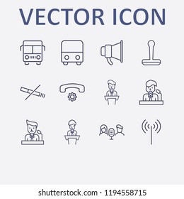Outline 12 public icon set. audio conference, megaphone, speaker on tribune, no smoking, bus and handset setting vector illustration