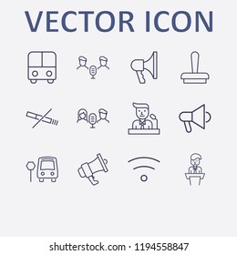 Outline 12 public icon set. bus, wifi, stamp, bus stop, speaker on tribune and no smoking vector illustration