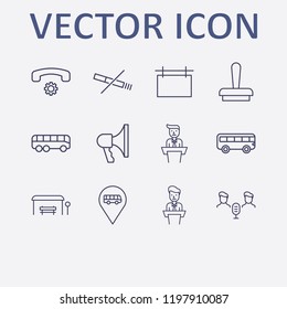 Outline 12 public icon set. advertising board, no smoking, audio conference, megaphone, bus and speaker on tribune vector illustration