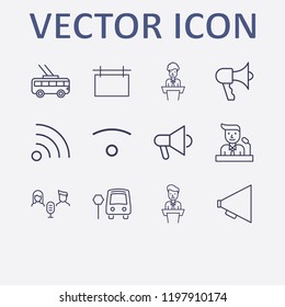 Outline 12 public icon set. audio conference, trolleybus, speaker on tribune, megaphone, bus stop and advertising board vector illustration
