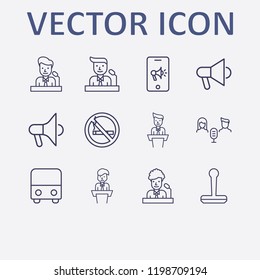 Outline 12 public icon set. no smoking, audio conference, stamp, megaphone, speaker on tribune and phone with megaphone vector illustration