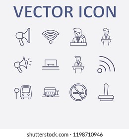 Outline 12 public icon set. stamp, speaker on tribune, wifi, no smoking, megaphone and wi fi signal vector illustration