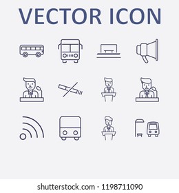 Outline 12 public icon set. bus, megaphone, speaker on tribune, no smoking, bus stop and wifi vector illustration