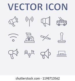 Outline 12 public icon set. trolleybus, speaker on tribune, audio conference, stamp, wifi and no smoking vector illustration