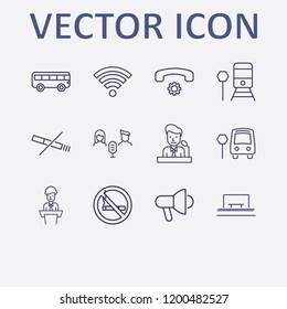 Outline 12 public icon set. megaphone, handset setting, audio conference, train stop, wi fi signal and speaker on tribune vector illustration