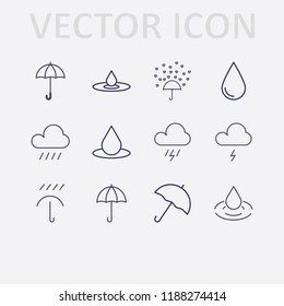 Outline 12 rain icon set. raining, love rain, umbrella, drop and storm vector illustration