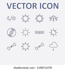 Outline 12 ray icon set. broken bone, moon and sun, sun, ufo, storm and cd vector illustration
