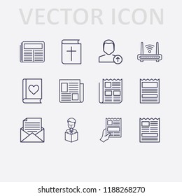 Outline 12 reading icon set. newspapers with hand, upload user, reading a book, newspaper, bible, router, mail document and favorite book vector illustration