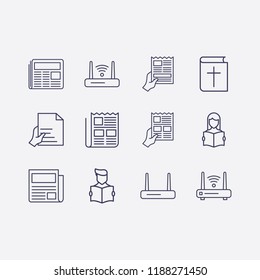 Outline 12 reading icon set. hand with document, read the book, newspaper, newspapers with hand, router and bible vector illustration