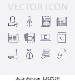 Outline 12 reading icon set. newspapers with hand, favorite book, read the book, online book reading, reading a book, hand with document, newspaper, user search and router vector illustration