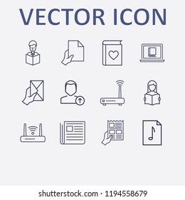 Outline 12 reading icon set. read the book, router, favorite book, newspaper, hand with document and online book reading vector illustration
