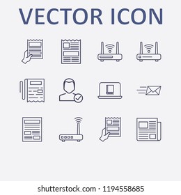 Outline 12 reading icon set. check user, newspaper, router, send message, newspapers with hand and online book reading vector illustration
