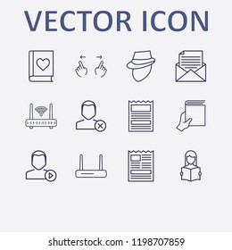 Outline 12 reading icon set. mail document, router, newspaper, hand scroll, read the book and hand with book vector illustration