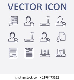 Outline 12 reading icon set. user play, hand with document, newspaper, upload user, router and download user vector illustration
