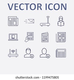 Outline 12 reading icon set. online book reading, newspaper, read the book, router, newspapers with hand and send message vector illustration