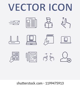 Outline 12 reading icon set. newspapers with hand, router, online book reading, read the book, hand with book and send message vector illustration
