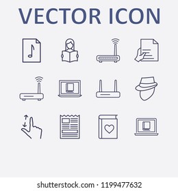 Outline 12 reading icon set. document, read the book, newspaper, detective, favorite book and router vector illustration