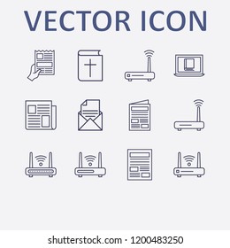 Outline 12 reading icon set. newspapers with hand, bible, newspaper, router, mail document and online book reading vector illustration