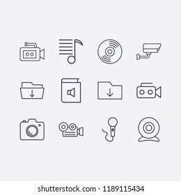 Outline 12 record icon set. cd, video camera, security camera, book sound, microphone, web camera, download folder, melody list and camera vector illustration