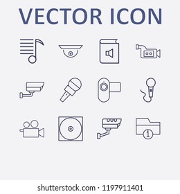 Outline 12 record icon set. information folder, microphone, melody list, video camera, cd and security camera vector illustration
