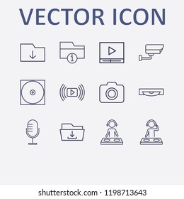 Outline 12 record icon set. download folder, media player, camera, microphone, dj and security camera vector illustration