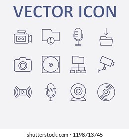 Outline 12 record icon set. connected folder, security camera, video camera, download in folder, information folder and cd vector illustration