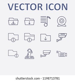 Outline 12 record icon set. web camera, information folder, download folder, security camera, dj and melody list vector illustration