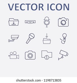 Outline 12 record icon set. download in folder, information folder, download folder, cd, camera and microphone vector illustration