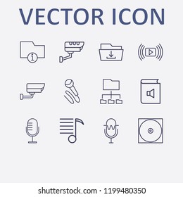 Outline 12 record icon set. connected folder, download folder, security camera, media player, melody list and information folder vector illustration