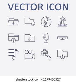 Outline 12 record icon set. information folder, melody list, search list, dj, download folder and cd vector illustration