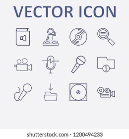 Outline 12 record icon set. video camera, book sound, download in folder, microphone, dj and search list vector illustration