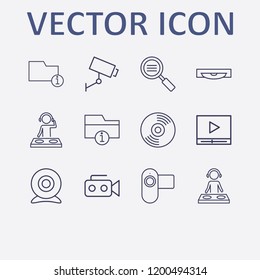 Outline 12 record icon set. dj, search list, information folder, video camera, web camera and cd vector illustration
