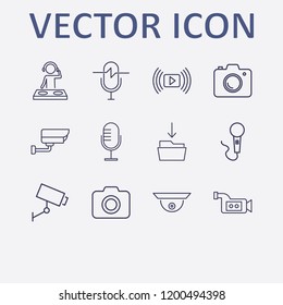 Outline 12 record icon set. download in folder, dj, media player, video camera, camera and microphone vector illustration