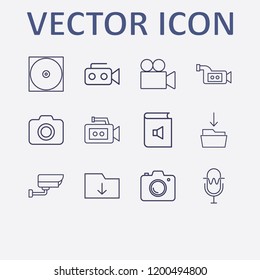 Outline 12 record icon set. security camera, microphone, download folder, download in folder, book sound and video camera vector illustration