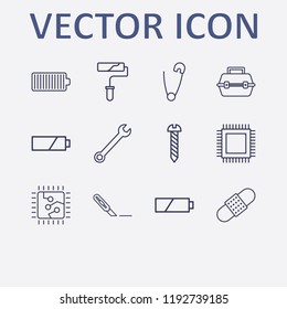 Outline 12 repair icon set. cpu, battery, tool box, stationery knife, safety pin and plaster vector illustration
