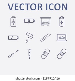 Outline 12 repair icon set. stationery knife, paint roller, screwdriver, garage, battery and screw vector illustration