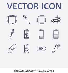 Outline 12 repair icon set. wrench, car service, cpu, battery, screwdriver and plaster vector illustration