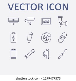 Outline 12 repair icon set. diagnostic, safety pin, plaster, car service, screwdriver and wrench vector illustration