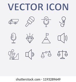 Outline 12 rock icon set. sound, microphone, diamond, dump truck, rock climber and balance vector illustration