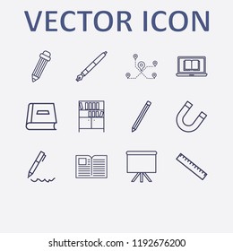 Outline 12 school icon set. distance, book, board, bookshelf, pen and online learning vector illustration