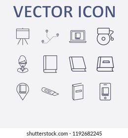 Outline 12 school icon set. distance, library location, online learning, book, teacher and online book reading vector illustration